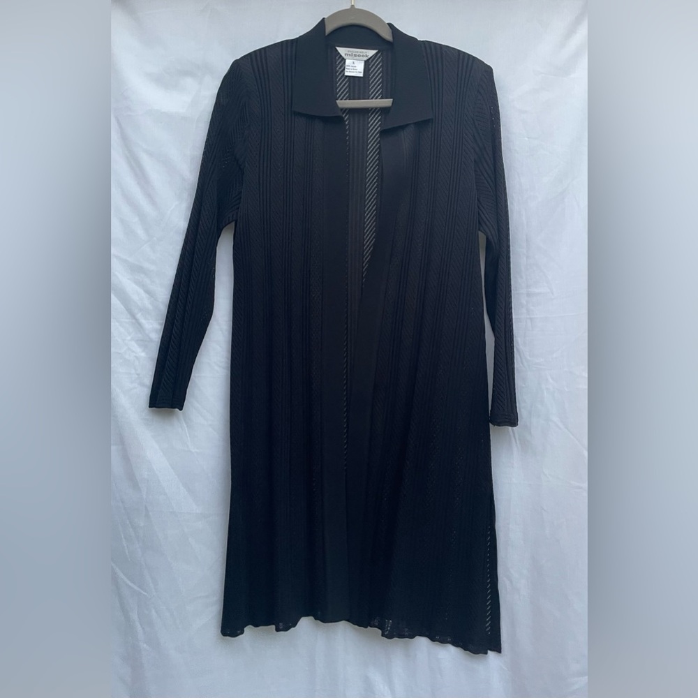 Misook sweater duster below knee length with open-weave knit pattern. Like new.